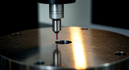 Coordinate Measuring Machine Probe Inspecting Circular Metal Part with Red Stylus