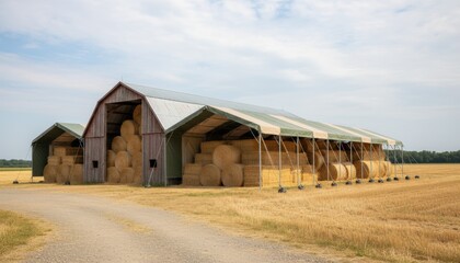 Medium shot featuring a wellmaintained hay storage area with a combination of barn and cover systems displaying comprehensive weather protection.