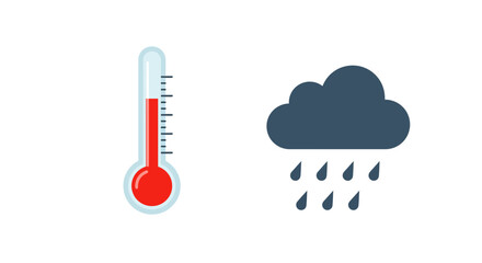 Weather forecast illustration featuring high temperature and heavy rainfall icon