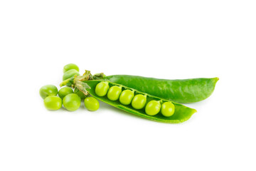 Fresh green pea pods with green peas isolated on white background. Sweet green peas. Green pea beans vegetables. Vegan. healthy vegetable