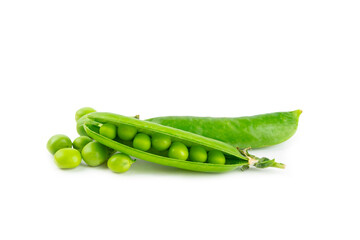 Fresh green pea pods with green peas isolated on white background. Sweet green peas. Green pea beans vegetables. Vegan. healthy vegetable