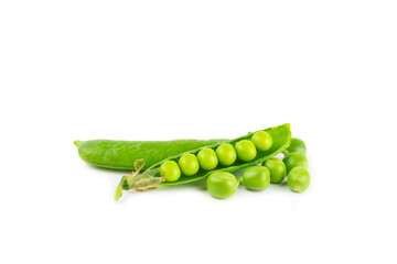 Fresh green pea pods with green peas isolated on white background. Sweet green peas. Green pea beans vegetables. Vegan. healthy vegetable