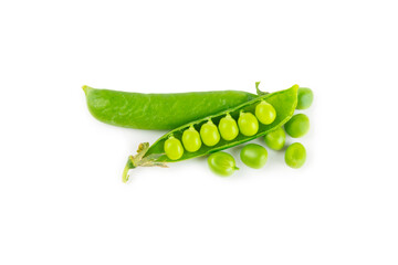 Fresh green pea pods with green peas isolated on white background. Sweet green peas. Green pea beans vegetables. Vegan. healthy vegetable