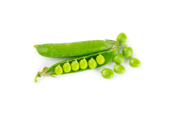 Fresh green pea pods with green peas isolated on white background. Sweet green peas. Green pea beans vegetables. Vegan. healthy vegetable