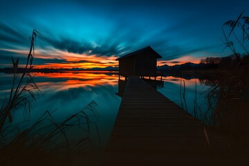 Windows 11 Wallpaper: Sunset at lake house with dock and dramatic blue-orange sky