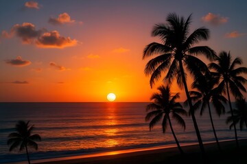 Windows 11 Wallpaper: Cluster of palm trees at sunset on tropical beach with glowing sky