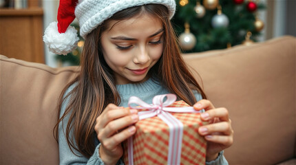 young child with gift box on christmas