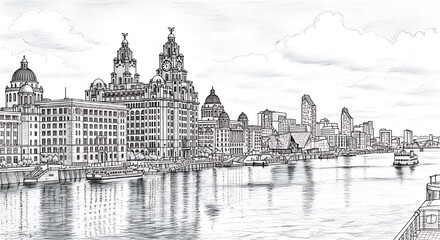 Obraz premium Liverpool, England waterfront sketch with the Three Graces. A detailed hand-drawn black and white illustration of the historic UK port city.