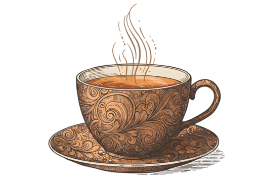 Pixel Illustration of Coffee Cup with Brown Floral Pattern And Steam Rising