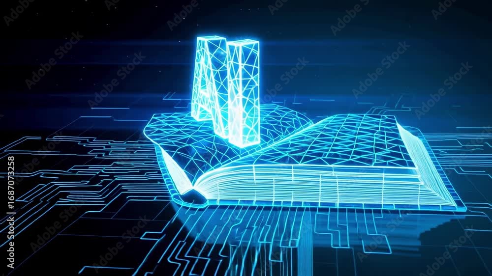 Poster dynamic 3d ai letters illuminating from open book representing innovation, technology, and modern le