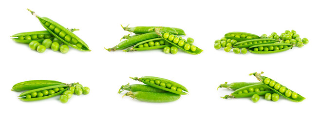 Fresh green pea pods with green peas isolated on white background. Sweet green peas. Green pea...