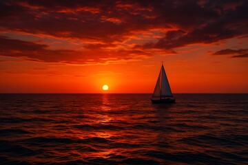 Windows 11 Wallpaper: Sailboat crossing ocean during vivid orange sunset with dramatic clouds