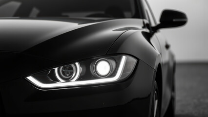 Sleek black car with modern headlights, showcasing high tech design and elegance. image captures essence of automotive sophistication