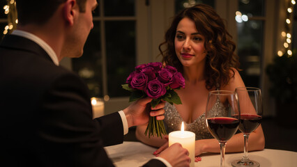 Romantic dinner setting features man presenting bouquet of purple roses to woman. ambiance is enhanced by candlelight and wine glasses