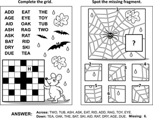 Halloween activity page with two puzzles. Fill-in crossword puzzle or word game. Spot the missing fragment of spiderweb patten. Black and white. Answers included.
