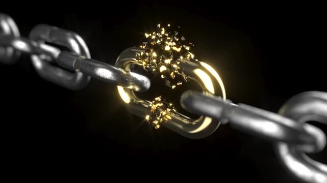 Metal iron gold chain broken on black bg able to loop endless 4k