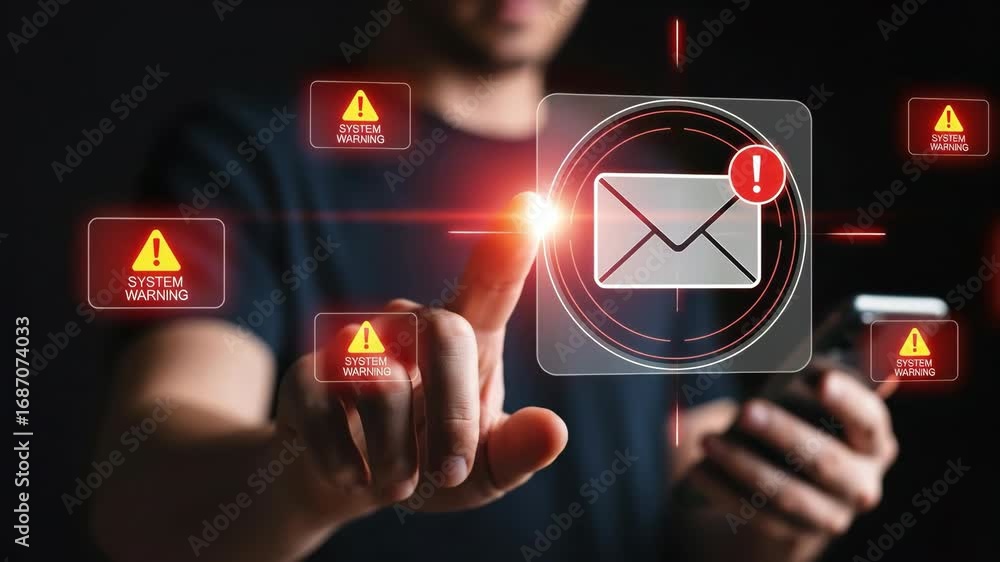 Poster a man is pressing a button on a phone with a red alert on it. the alert is for a system warning