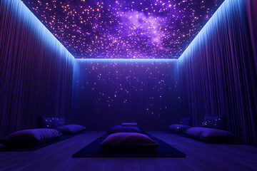 A calming sky ceiling enhances tranquility of meditation room atmosphere.
