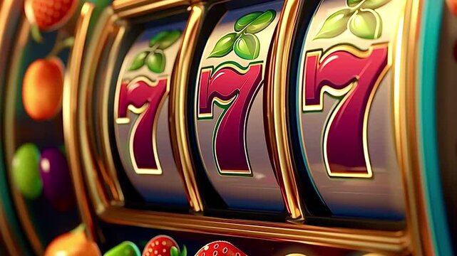 Golden slot machine showing a triple sevens winning combination, decorated with lucky clovers and various fruits like grapes, strawberries, oranges, and plums