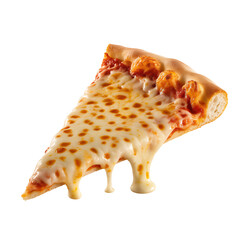 Delicious slice of cheesy pizza with melted cheese dripping isolated on transparent background