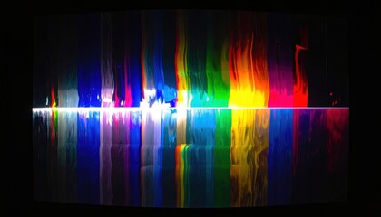 VHS corrupted video feed with rainbow RGB distortion on dark screen 