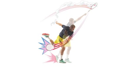 Animated ad. Tennis player in yellow shorts serving ball with explosive dynamic power. Concept of focus, athletic strength, emotional intensity, competition, and dramatic sports action.
