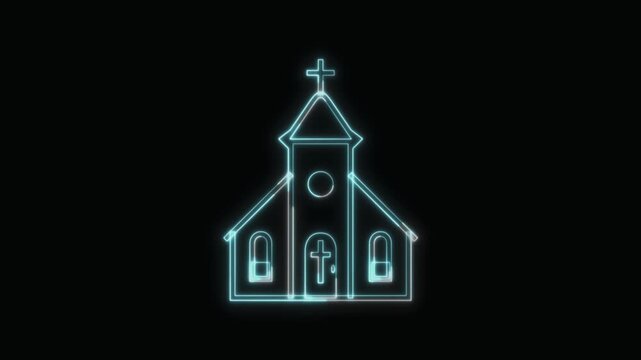  Church Icon Neon Seamless Loop 4K with Black Background Animated Promotional Typography for Video Editing
