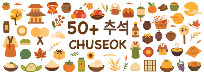 Over fifty Chuseok themed flat vector icons with decorations