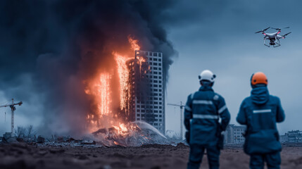Firefighters Battling Skyscraper Blaze with Drones Overhead, Emergency Response Scene, Modern Urban Firefighting and Rescue Illustration