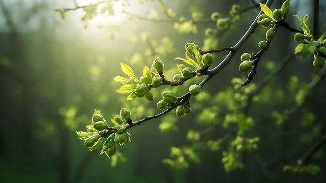 Fresh Spring Buds on Branch — Soft Backlit Greenery