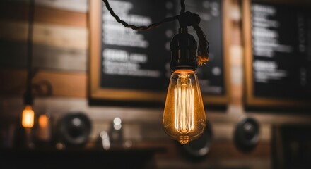 Vintage Edison Bulb Radiating Warmth in Dimly Lit Space.
