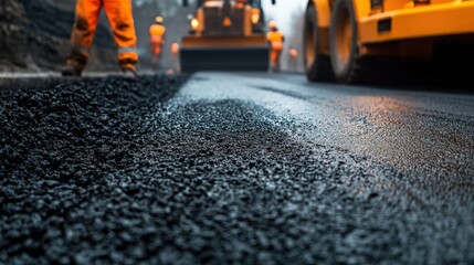 A construction site scene featuring workers and machinery laying asphalt on a road, highlighting the textures and processes involved in road building.