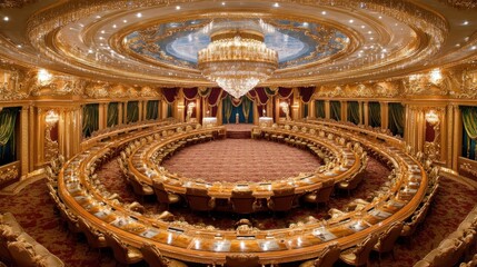Obraz premium Opulent conference hall with gold decorations and circular seating arrangement showcasing luxury