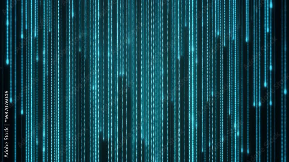 Poster abstract digital rain effect with vertical blue lines, resembling a futuristic video. shot from a fr