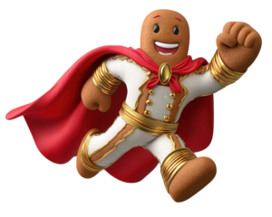 Gingerbread man superhero cartoon red cape white suit gold trim smiling joyful running festive character isolated on transparency background
