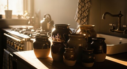 Vintage Jars in Sunlit Kitchen - A Nostalgic Still Life.