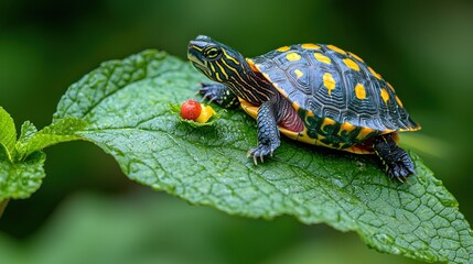 Tiny turtle on a vibrant leaf