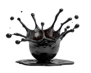 Black ink splash abstract element with realistic drip, dynamic motion, and glossy texture, isolated on transparent background, perfect for creative design or artistic concepts