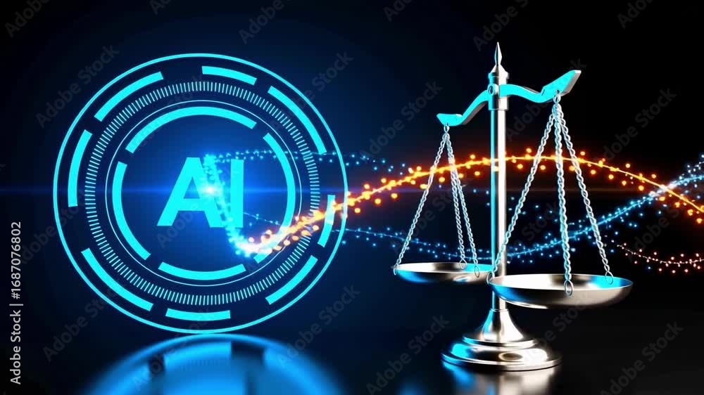 Poster ai technology balancing scales concept with digital data streams representing justice and innovation