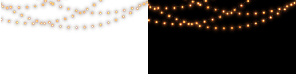 Realistic glowing Gold LED garland on a transparent background. Ideal PNG decoration for holiday...