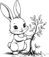 Minimal black and white line art of a rabbit planting a small tree, simple doodle vector, clean outline illustration 1