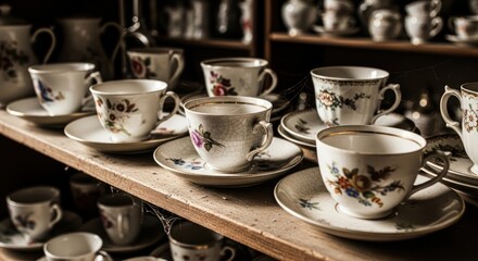 Vintage Porcelain Teacups and Saucers on a Shelf.