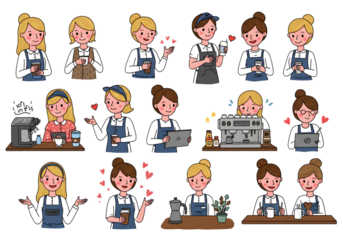 Pixelated Barista Illustration with Blond and Brown Hair Smiling at Cafe