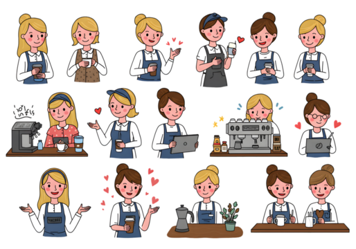 Pixelated Barista Illustration with Blond and Brown Hair Smiling at Cafe