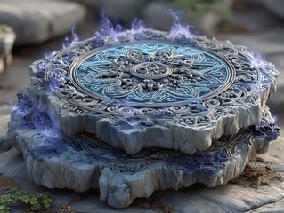 Engraved stone slabs glowing with layered neon sigils and abstract symmetry
