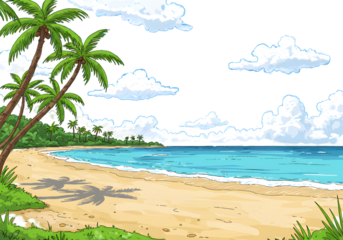 Pixelated Beach Scene Illustration With Palm Trees Blue Ocean And Sunny Sky