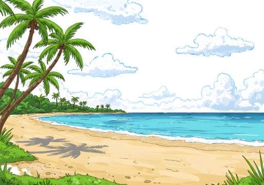 Pixelated Beach Scene Illustration With Palm Trees Blue Ocean And Sunny Sky