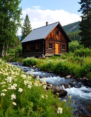 Picturesque log cabin by a mountain stream
