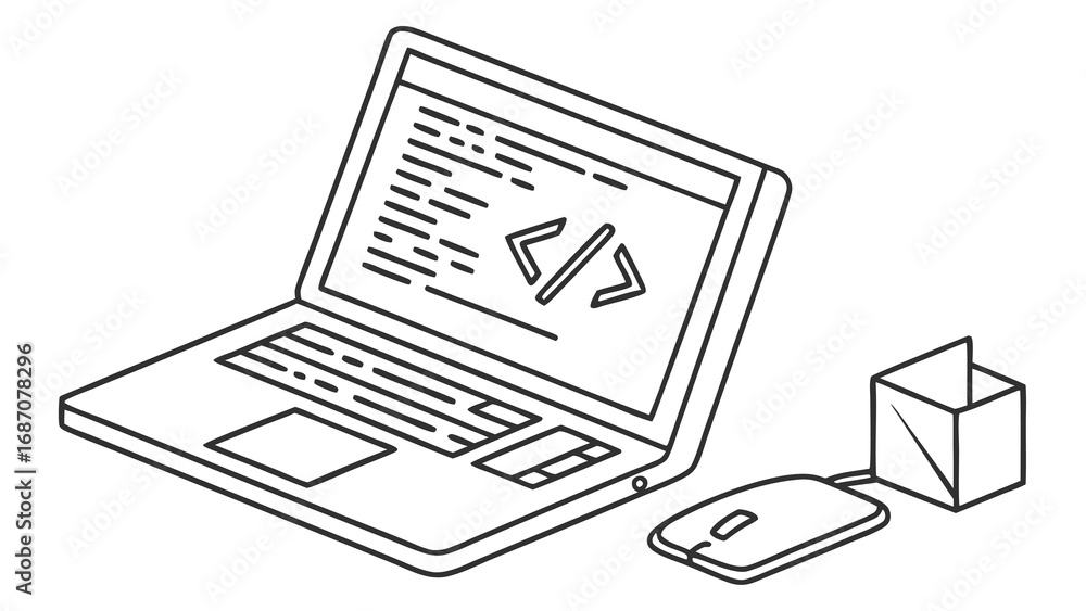 Fototapete laptop computer with code on screen and computer mouse illustration.