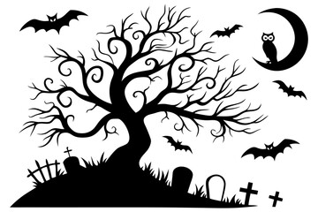 Haunted Graveyard Tree Silhouette with Bats and Moon